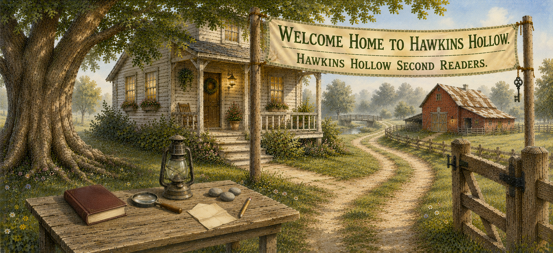 Second Readers banner for longer story paths in Hawkins Hollow.